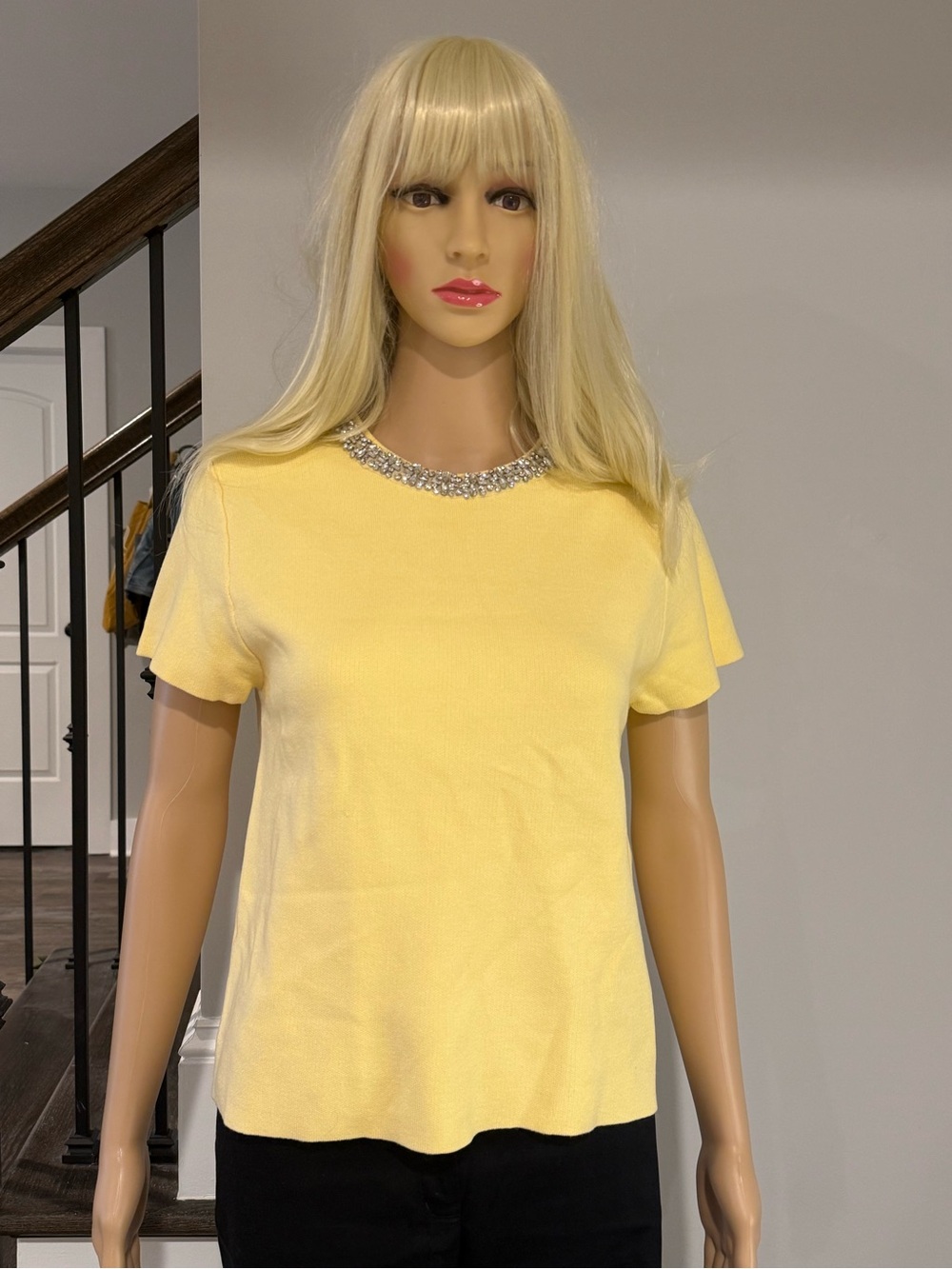 Zara Rhinestone Embellished collar Yellow Short-Sleeve Knit Top
